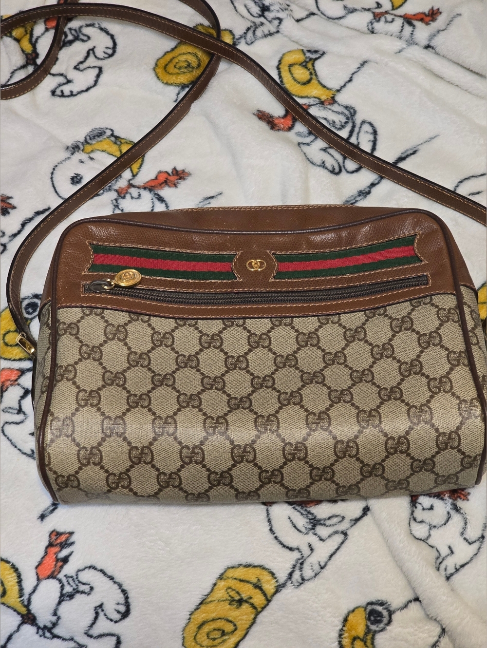 Gucci Brown GG Monogram Crossbody Bag with Green-Red Web Stripe